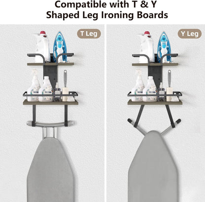 VINAEMO Ironing Board Hanger Wall Mount, 2-Layer Iron and Ironing Board Holder, Laundry Room Shelves Solid Wood with Removable Hooks Home Organization and Storage