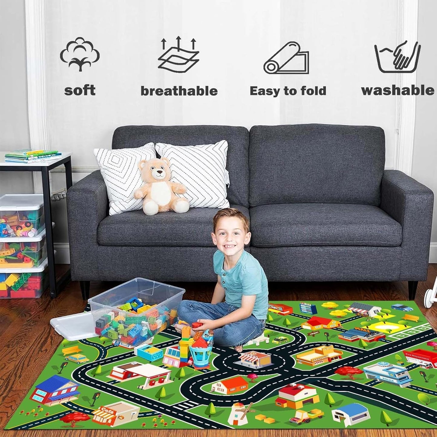 Kids Rug Car Rugs for Kids Toy Cars Play Mat with Rubber Backing City Life Road Rug for Cars Fun City Map for Carpet for Bedroom Boys (RED-Rug, 3.3x4.9ft)