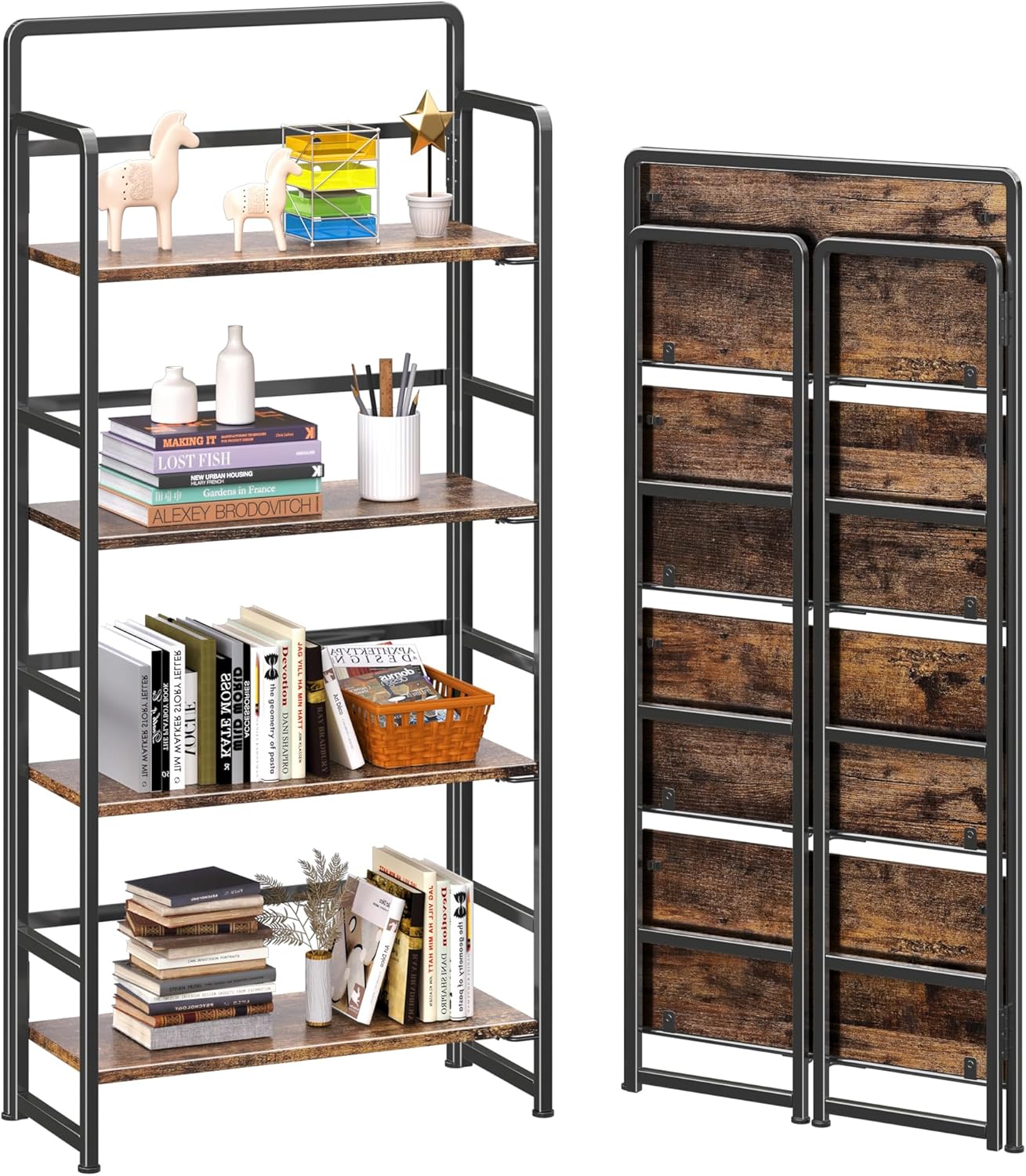4NM No Assembly Foldable Bookshelf, 4-Shelf Collapsible Bookcase Storage for Small Spaces, 54" H, Rustic Brown and Black