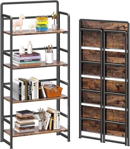 4NM No Assembly Foldable Bookshelf, 4-Shelf Collapsible Bookcase Storage for Small Spaces, 54" H, Rustic Brown and Black