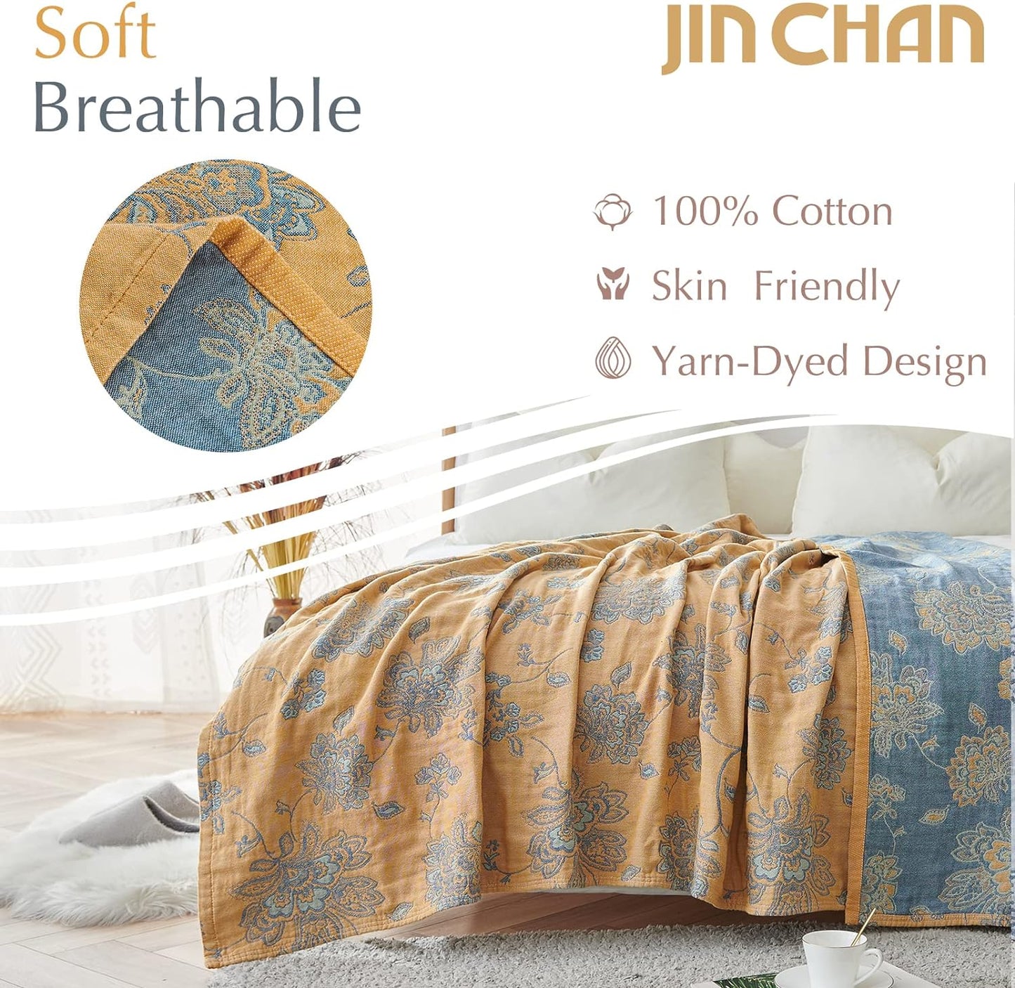 jinchan Boho 100% Cotton Muslin Twin Size 60x80 Inches Blanket Lightweight 4-Layer Quilted Soft Yellow and Blue Floral Throw Blanket Reversible Comfy Flower Breathable All Seasons Couch Bedroom Decor