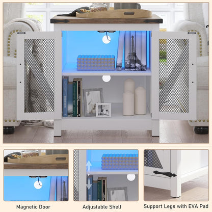 Farmhouse End Table, 24" Large Sofa Side Table with Charging Station, Mesh Barn Door, and Adjustable Storage Shelf, Rustic Wood Square Nightstand for Living Room, Bedroom, Office, White &Brown