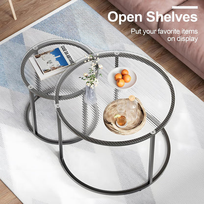 aboxoo Gold Nesting Coffee Table Set of 2, Small Glass Round Nesting Tables for Living Room Bedroom, Accent Tea Table with Black Metal Frame Modern Industrial Simple