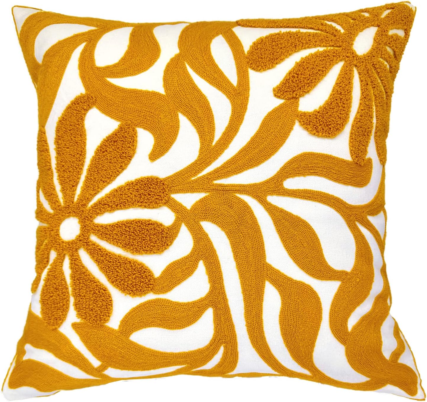 Alysheer Farmhouse Floral Leaves Embroidered Decorative Throw Pillow Cover 18x18 inches, Boho Tufted Flowers Embroidery Pattern Chic Cotton Cushion Case for Couch Bed Sofa Living Room(Mustard Yellow)