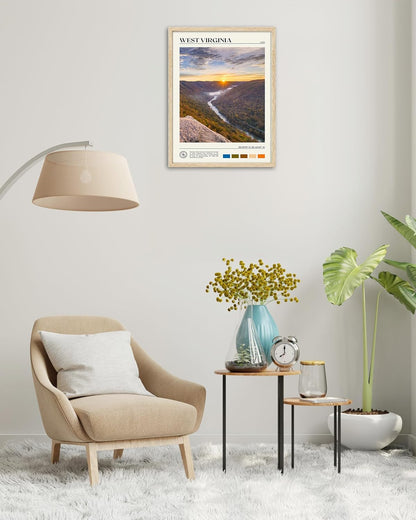 HesenDot Natural OAK Wood Framed West Virginia Wall Art,12x16in New River Gorge Quality Canvas Wall Print,Classic Urban Landmark Wall Decor for Living Room,Bedroom,Office Gallery Gifts Set of 1