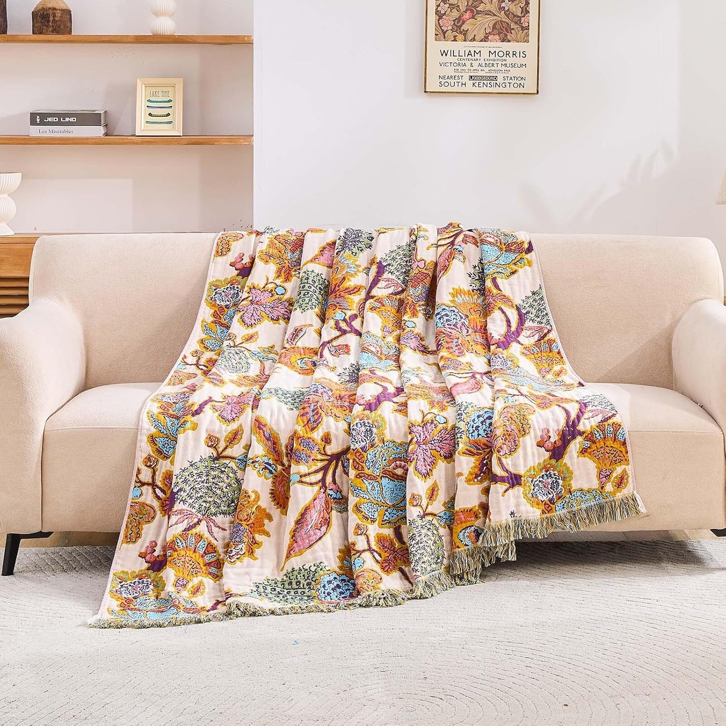 Boho Throw Blanket for Bed, 100% Cotton Soft Rustic Quilt Fall Blanket, 90"x98" Floral Printed Farmhouse Decor Bed Blankets, All Season Rustic Reversible Bohemian Throw Quilt