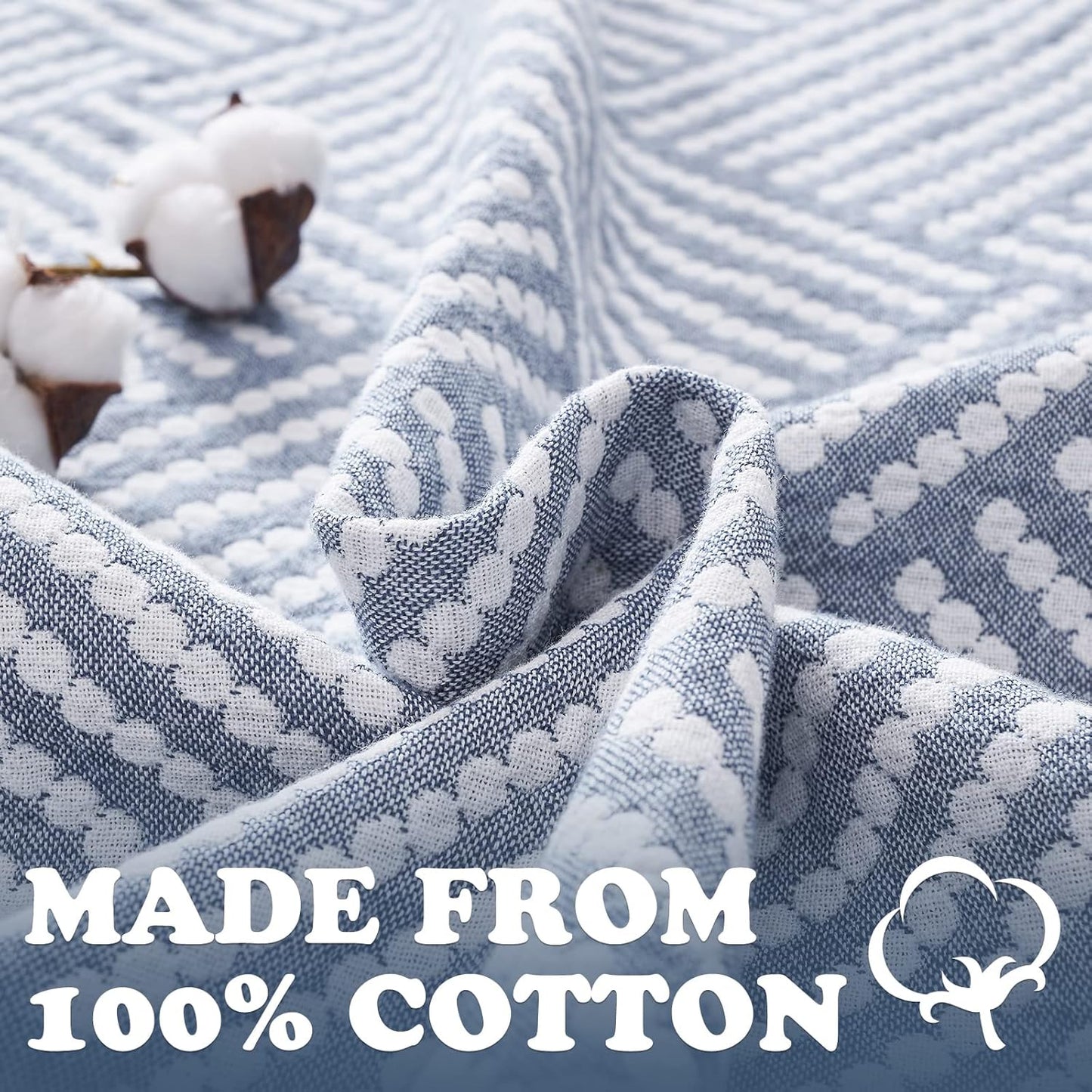 jinchan Boho 100% Cotton Blanket Muslin 50x60 Inches Lightweight 3-Layer Geometric Square Striped Pattern Reversible Quilt Throw Soft Breathable Comfy All Seasons for Couch Bed Decor, Blue