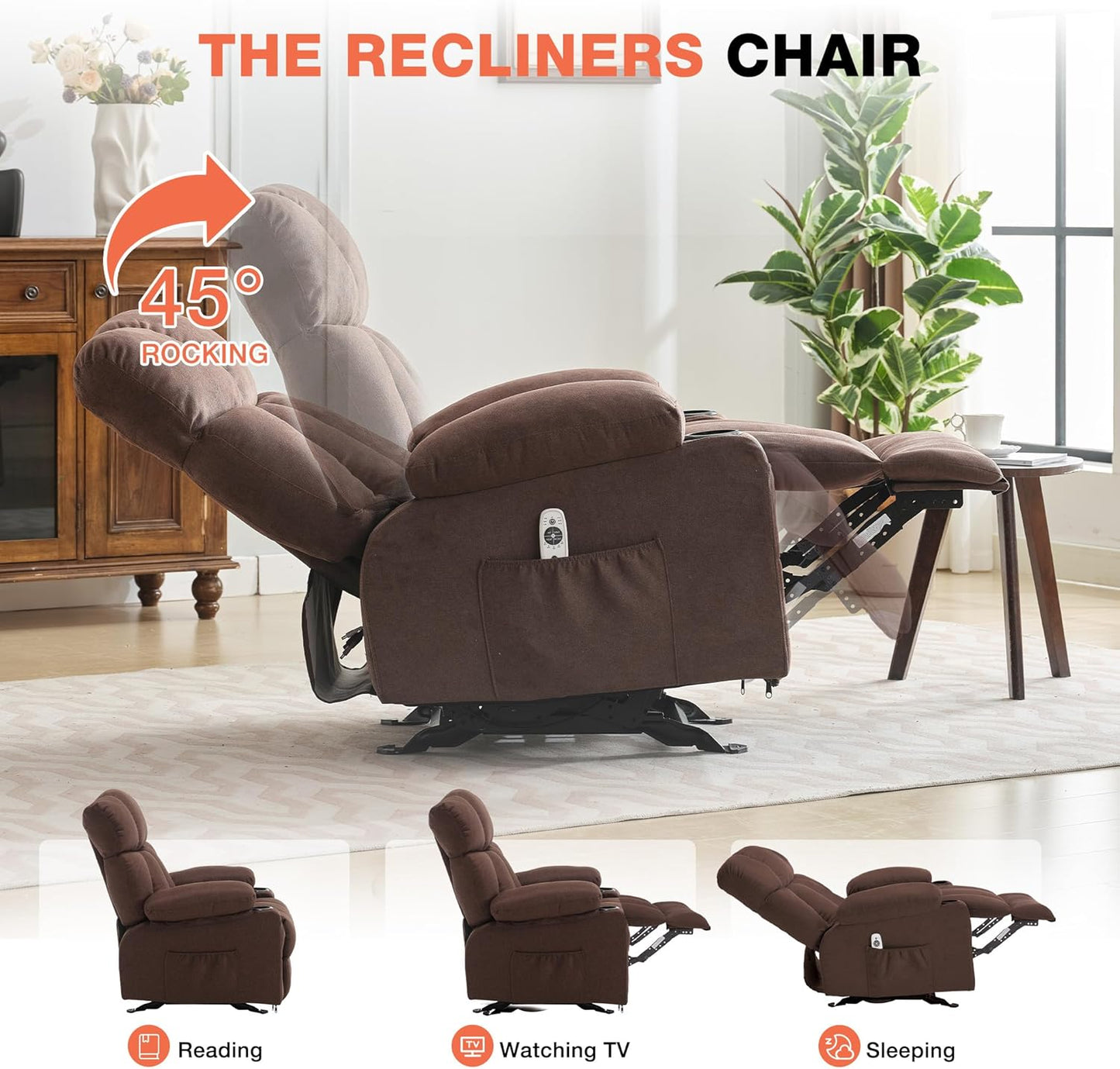 Massage Rocker Recliner Chair with Heat, Ergonomic Overstuffed Reclining Lounge Chair with Side Pockets, USB Charging Port, Sturdy Metal Frame, Comfortable Modern Design for Living Room