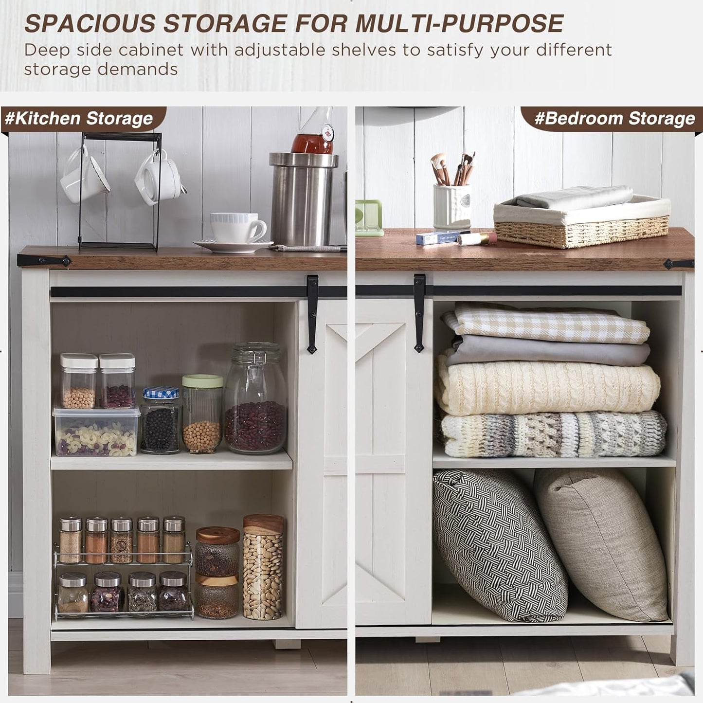 T4TREAM 60'' Farmhouse Dresser Chests for Bedroom w/4 Drawers & Sliding Barn Doors, Tall Chest of Drawers, Rustic Dresser TV Stand, Organizer for Bedroom, Living Room, Kitchen, Antique White