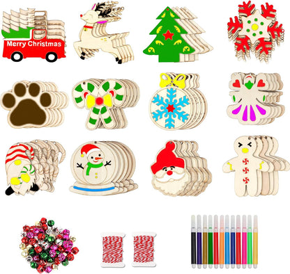 GUDELAK 60PCS DIY Wooden Christmas Ornaments, 12 Styles Christmas Crafts for Kids Adults with Ropes, 60 Bells and 12 Colored Pens, Unfinished Wood Ornaments Making Kit for Christmas Tree Decorations