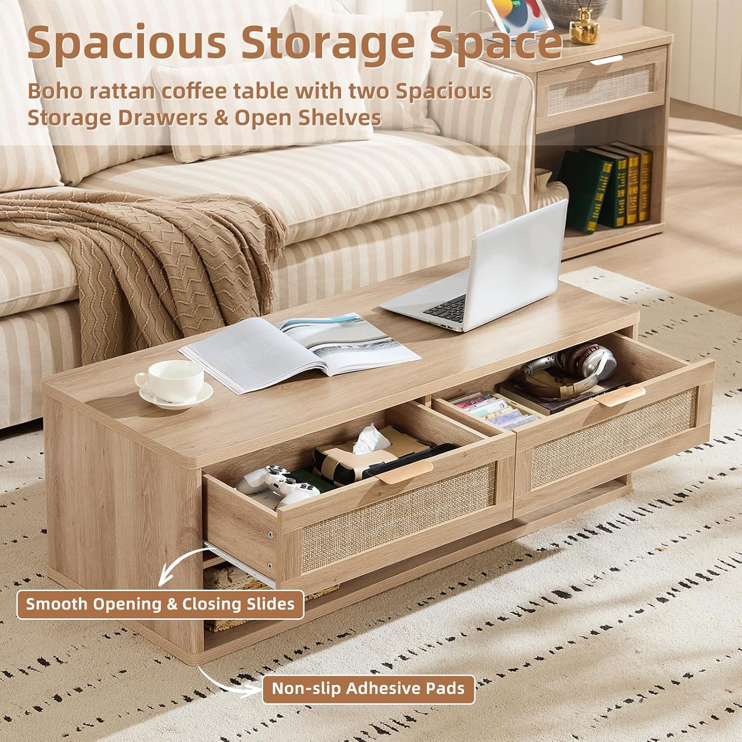 LEYAOYAO Boho Rattan Coffee Table and End Table Sets, 48" Wide Center Tables & 23" Night Stand with 3 Drawers, Natural Wood Coffee Table for Living Room 3 Piece Set