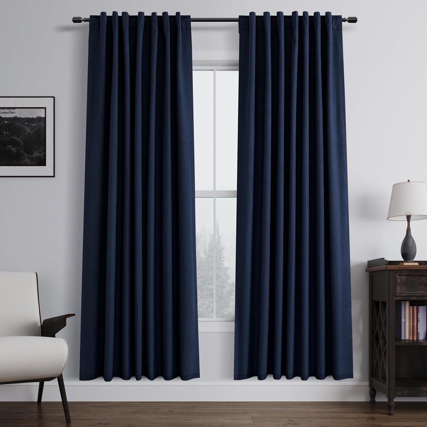 BOODII Navy Blue Blackout Curtains for Bedroom 80 Inch Length 2 Panels Set Room Darkening Curtains Linen Black Out Curtain Modern Thermal Insulated Living Room Drapes Back Tab Dark Blue 52x80