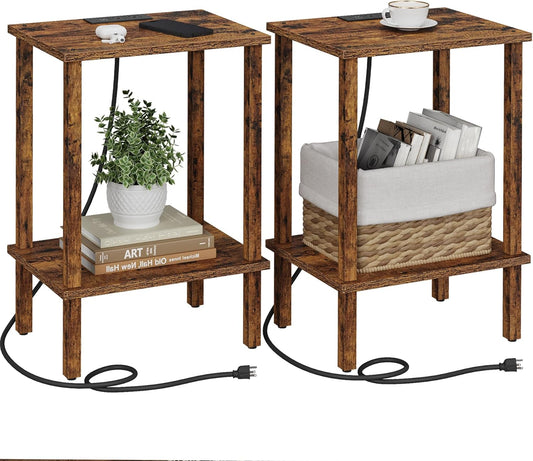 TUTOTAK End Table with Charging Station, Set of 2, Small Side Table with Outlets, Nightstand Bedside Table, 2-Tier Storage Shelf for Small Space, Living Room, Bedroom Brown TB01BB041C