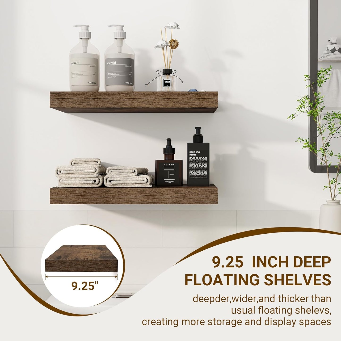 16 Inch Floating Shelves, 16"x9.25"x1.5" Inch Deep Floating Shelves for Wall, Wooden Shelves for Bathroom, Bedroom, Living Room, Brown