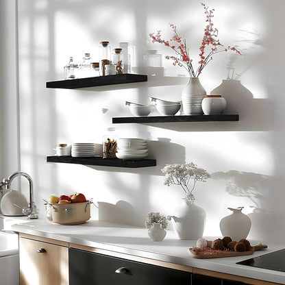 24 Inch Floating Shelves for Wall Rustic Black Wood Wall Shelves for Bedroom Set of 4