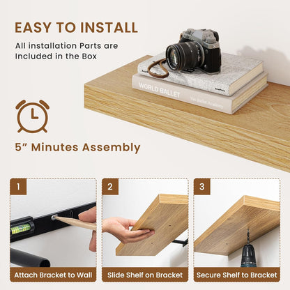 fuqing Floating Shelves for Wall, Bathroom Shelf Wall Mounted for Storage, Shelves with Invisible Bracket for Bedroom, Kitchen, Living Room, Farmhouse Small Book Shelf, 48 Inch Set of 2, Oak