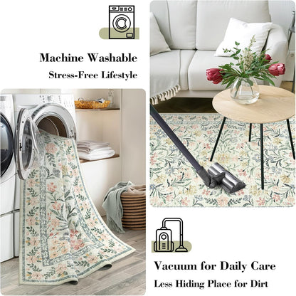 Wonnitar Large Washable 8x10 Rug, Boho Living Room Rug 8 x 10, Soft Floral Carpet for Bedroom Non Slip, Indoor Soft Beige Carpets for Dining Room Apartment Office