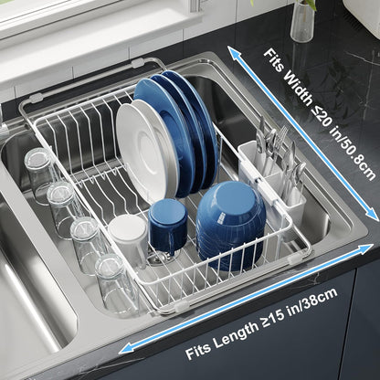 Dish Drying Rack in Sink, Small Dish Drainers for Inside Sink, Over The Sink Dish Racks, Stainless Steel Drying Rack with Utensil Holder, White