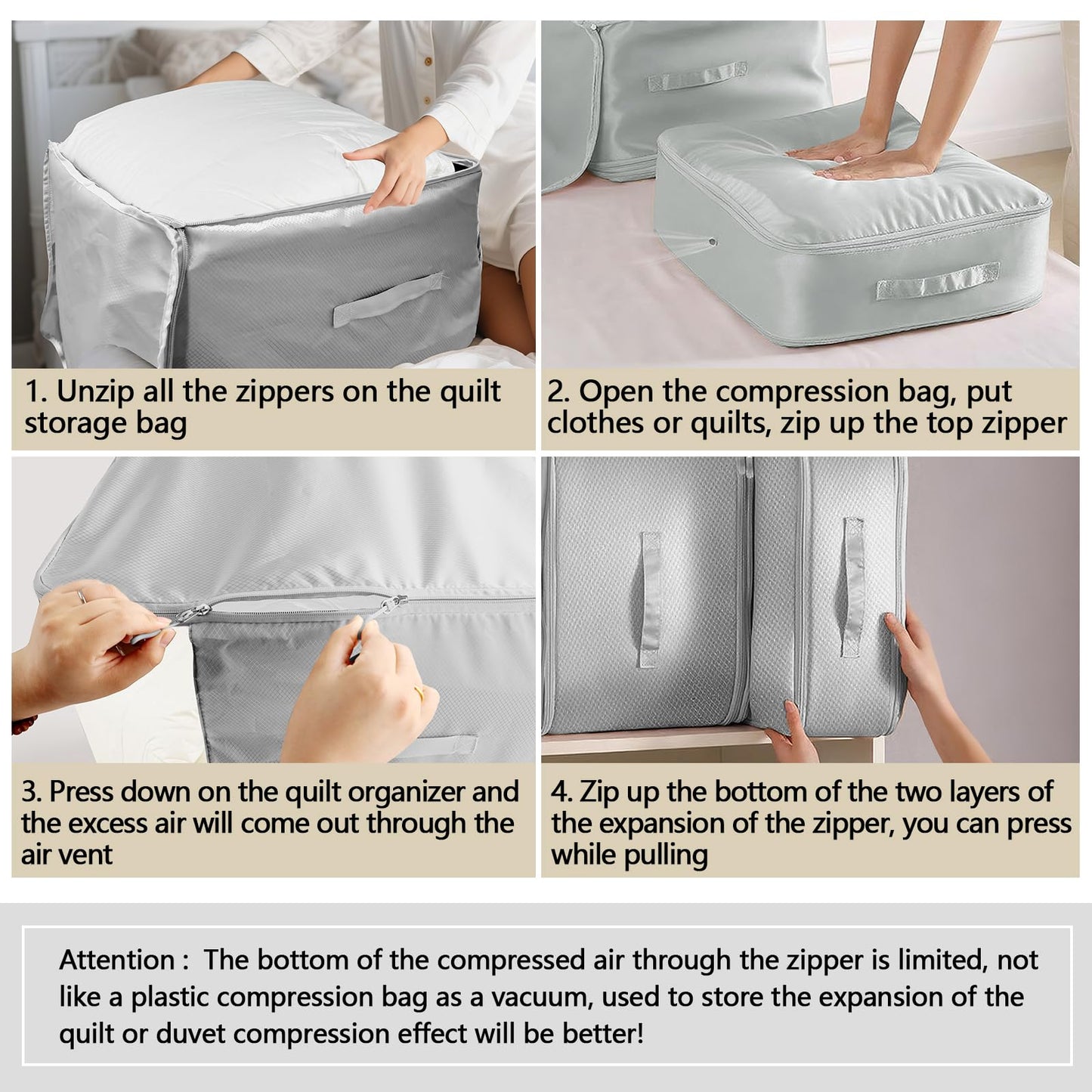 4 Pack Space Saving Comforter Storage Bag with Handle, 3-Layer Compression Blanket Storage Bags