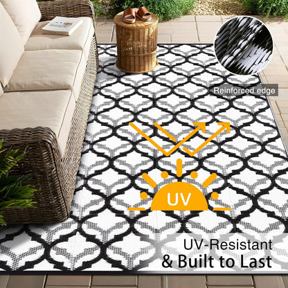 OLANLY Reversible Outdoor Rug 9x12 ft Clearance, Waterproof Outdoor Plastic Straw Rug with Interlacing Pattern, RV Mat for Patio, Camping, Balcony, Deck, Backyard, Black & White