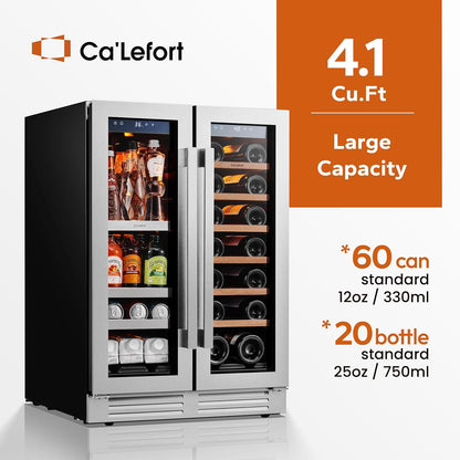 Ca'Lefort 24 Inch Wine and Beverage Refrigerator, 60 Can and 20 Bottle Wine Fridge 36-72°F, 3 LED Dual Zone Wine Cooler with Glass Door, Built-in Compressor Refrigerator for Home/Kitchen (4.10 cu.ft)