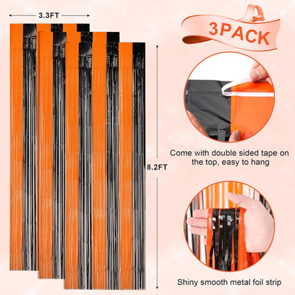 3 Pack 3.3x8.2 Feet Black and Orange Foil Fringe Backdrop Curtains, Tinsel Streamers Birthday Party Decorations, Fringe Backdrop for Graduation, Baby Shower, Gender Reveal, Disco Party