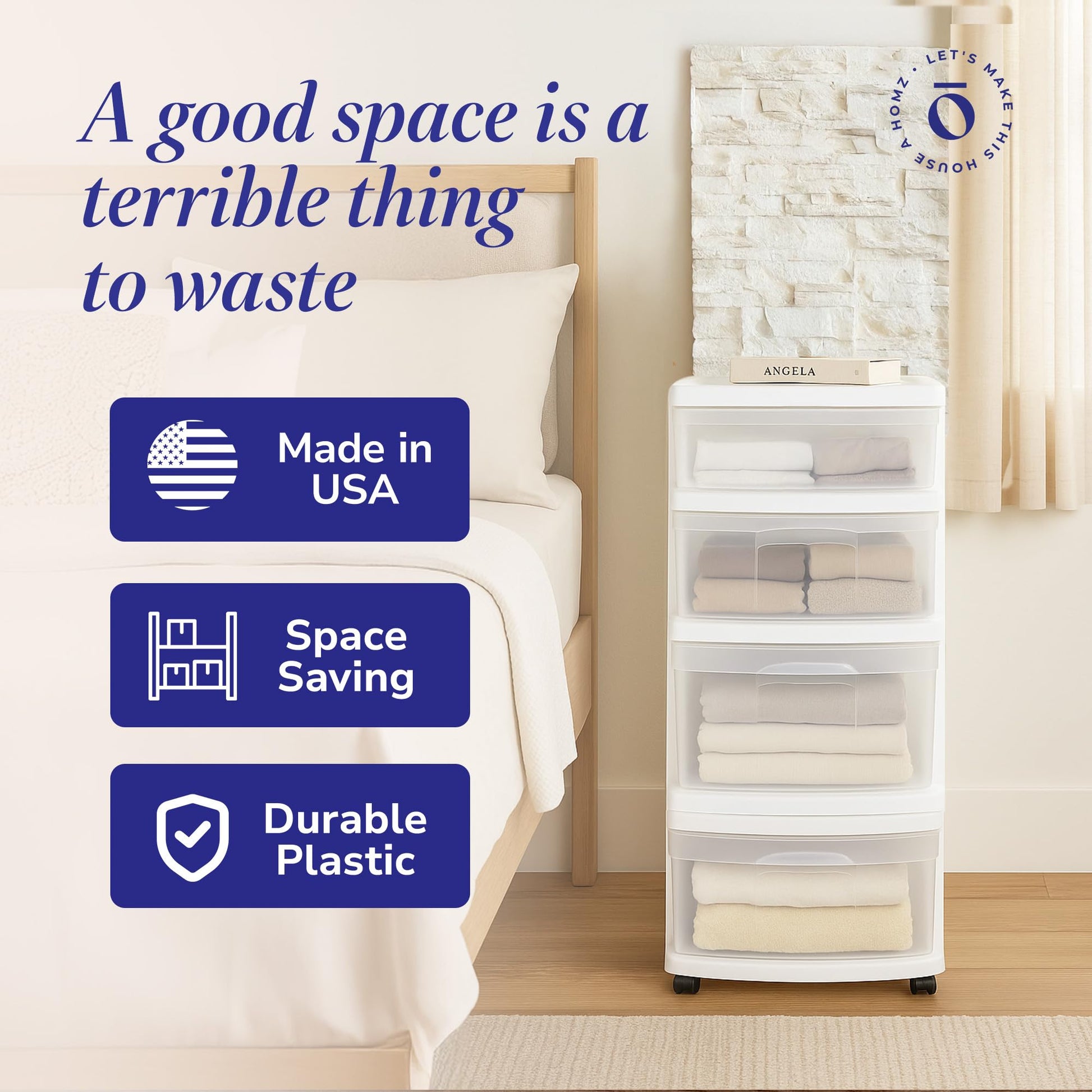 HOMZ Drawer Tower, 4-Tier Clear Plastic Storage Organizer Cart, White Frame - Rolling Drawers with