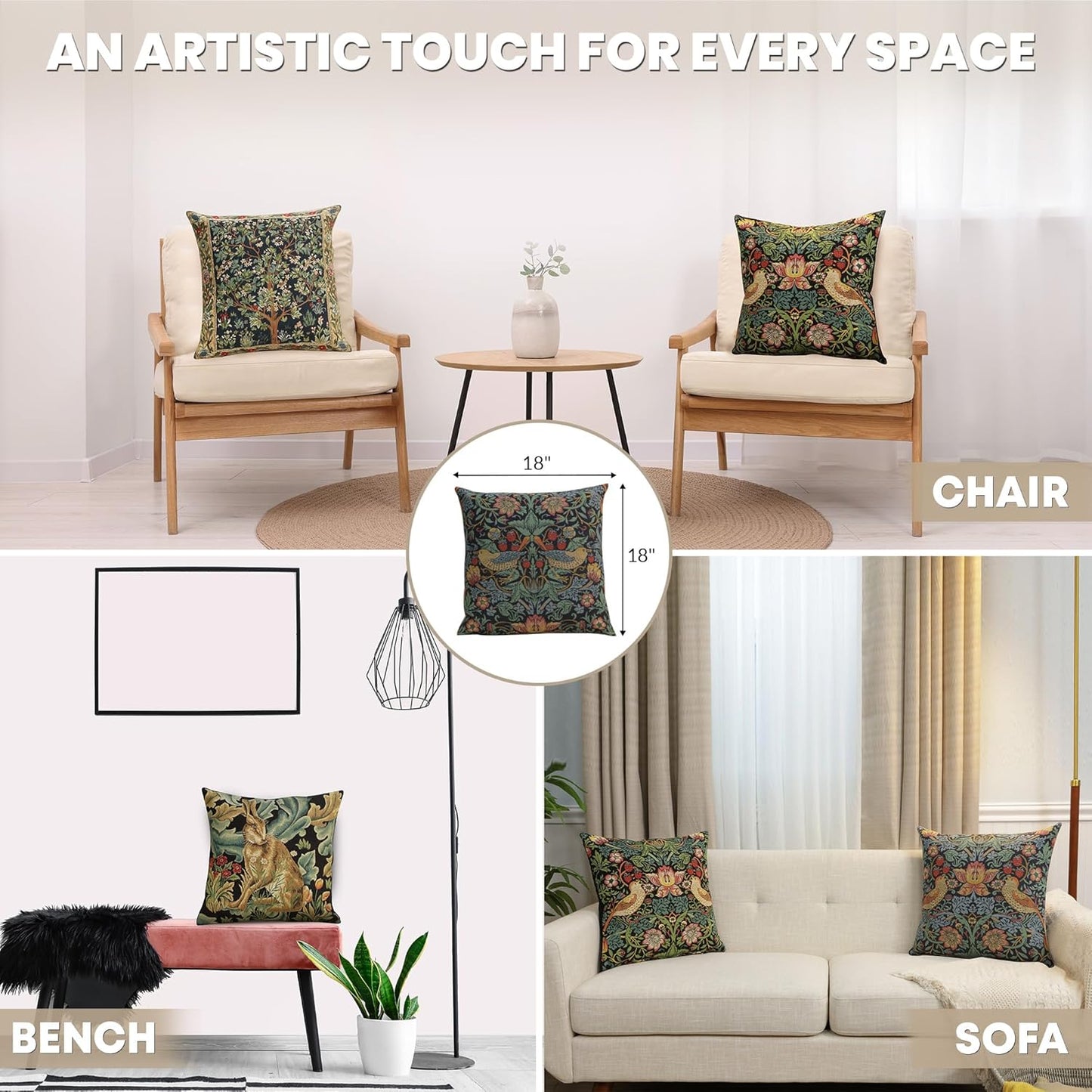 Charlotte Home Furnishings Throw Pillow Covers, Decorative Boho Pillow Covers for Couch, Living Room, Blue Strawberry Square Cushion Cases 18x18 in, European Cotton Jacquard Woven, Cozy Bedroom Decor