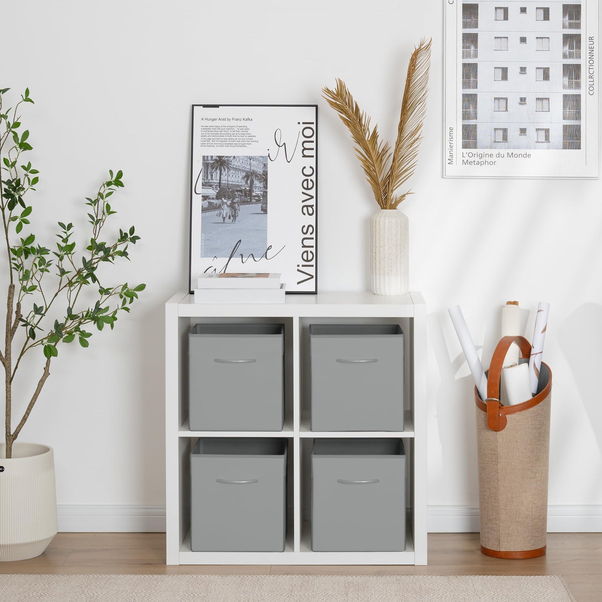 StorageWorks 11in Leather Storage Cubes, Collapsible Bins, Gray, 4-Pack