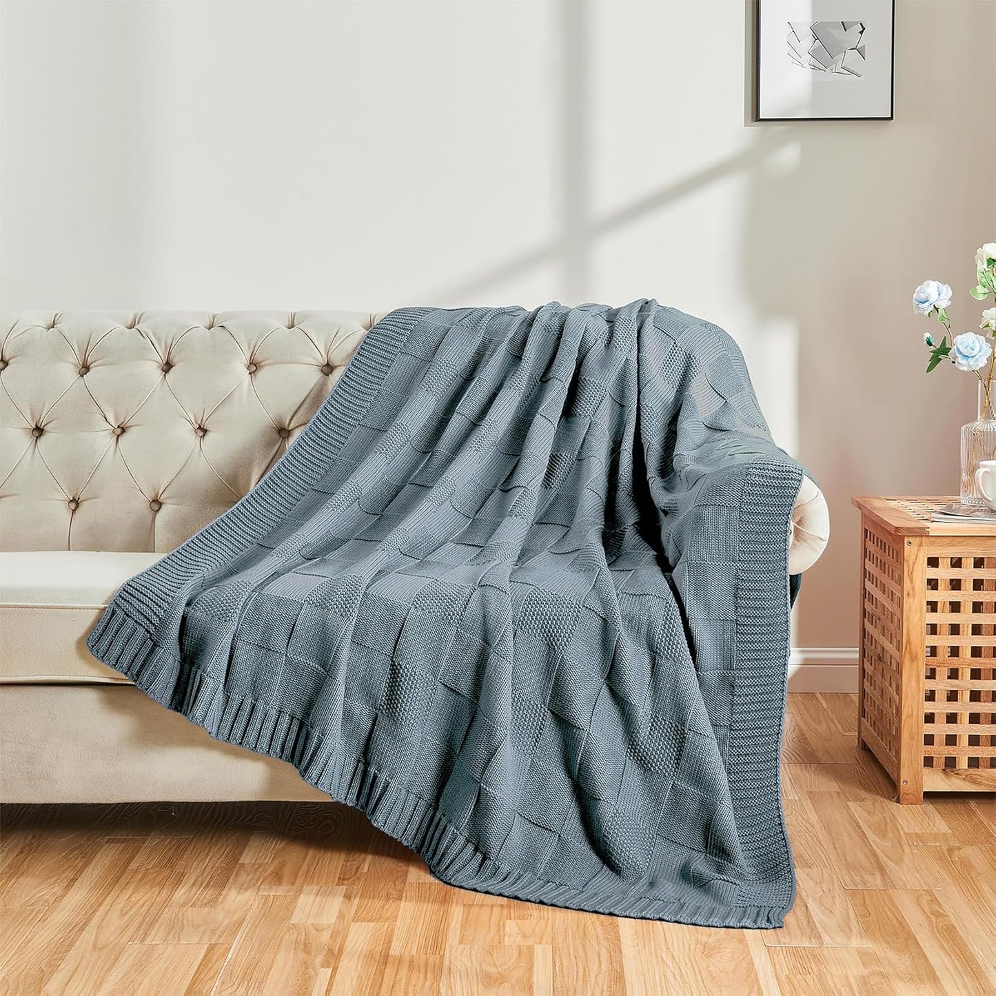 CozeCube Check Knit Throw Blanket, Dusty Blue Checkered Throw for Couch, Decorative Christmas Soft Cozy Warm Knitted Blanket for Bed Sofa Living Room, 50"X60"