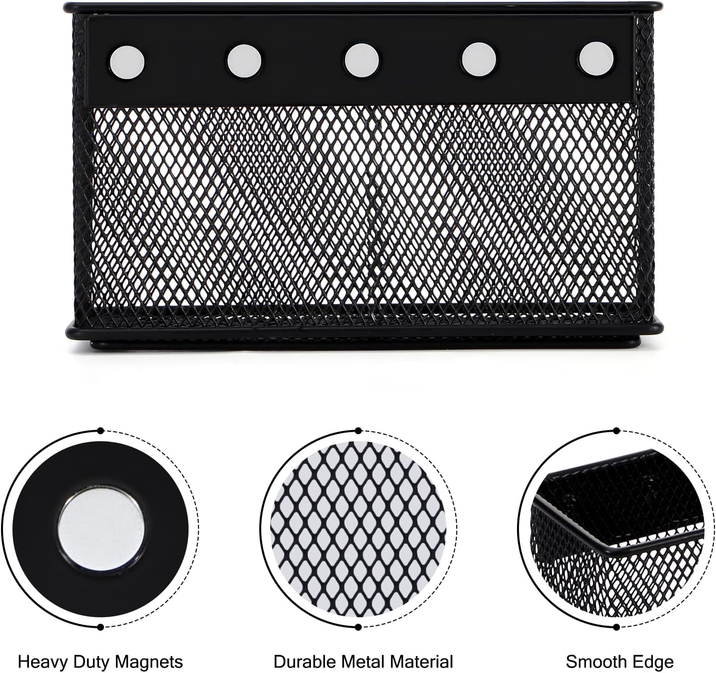 Wire Mesh Storage Baskets Organizer Set of 2 Black Magnetic Basket with 5 Strong Magnets Magnetic Organizer Holder for Refrigerator Locker Whiteboard Office, 6.29'' × 2.28'' × 3.54''