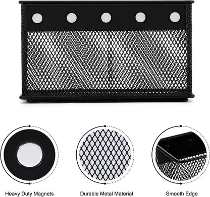 Wire Mesh Storage Baskets Organizer Set of 2 Black Magnetic Basket with 5 Strong Magnets Magnetic Organizer Holder for Refrigerator Locker Whiteboard Office, 6.29'' × 2.28'' × 3.54''
