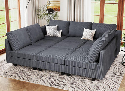 Belffin Corduroy Modular Sectional Sofa 9 Seat Convertible Sectional Sleeper Sofa Bed with Storage Ottomans Modular Sectional Couch Bed for Living Room Dark Grey