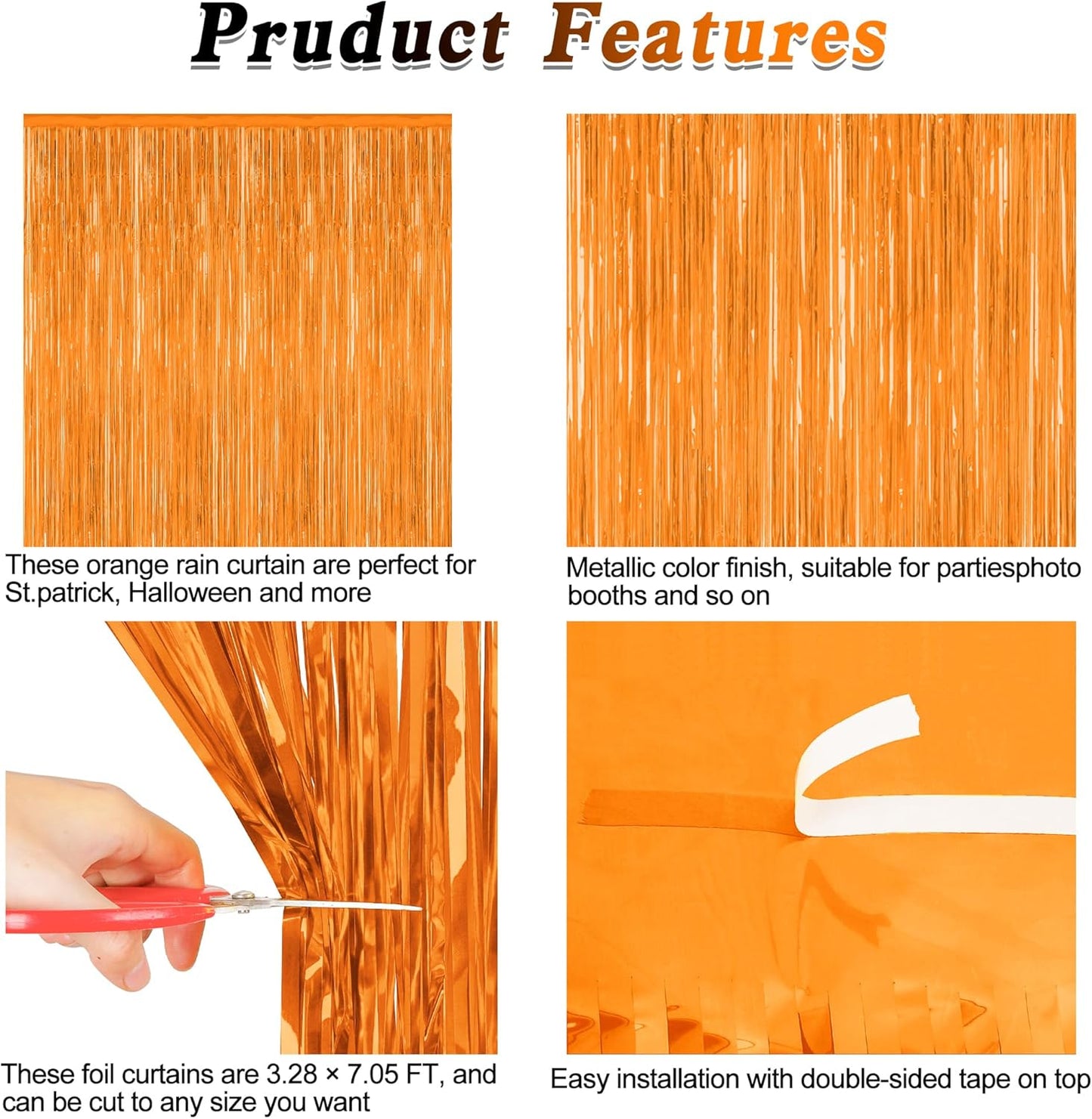 2 Pack Backdrop Curtains, 3.28 FT x 7.05 FT Orange Color Tinsel Backdrop, Metallic Party Streamer Fringe Curtains, Foil Curtains Halloween Decor Birthday Party Supplies