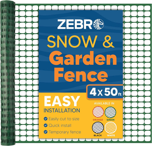 ZEBRO 4' x 50' Green Plastic Garden Fence Roll – Standard Duty Safety Netting for Snow, Poultry