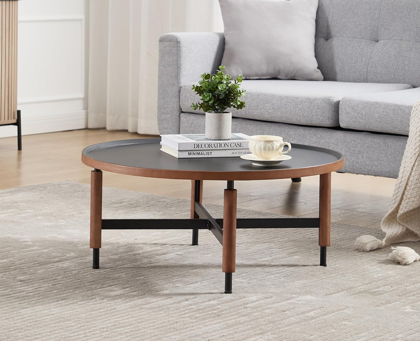 EALSON 31.25" Round Coffee Table Mid Century Modern Coffee Tables with Black Metal Legs/Wooden Top Circle Accent Center Table for Living Room Reception Apartment Office,Walnut