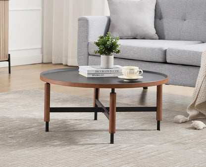 EALSON 31.25" Round Coffee Table Mid Century Modern Coffee Tables with Black Metal Legs/Wooden Top Circle Accent Center Table for Living Room Reception Apartment Office,Walnut