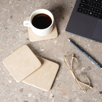 BCS Marble Coasters Set of 6 with Holder, Square Stone Drink Coasters for Coffee, Wine and Cocktails, Non-Slip Durable Cup Mats, Elegant Home, Bar & Kitchen Table Decor (Crema Beige)