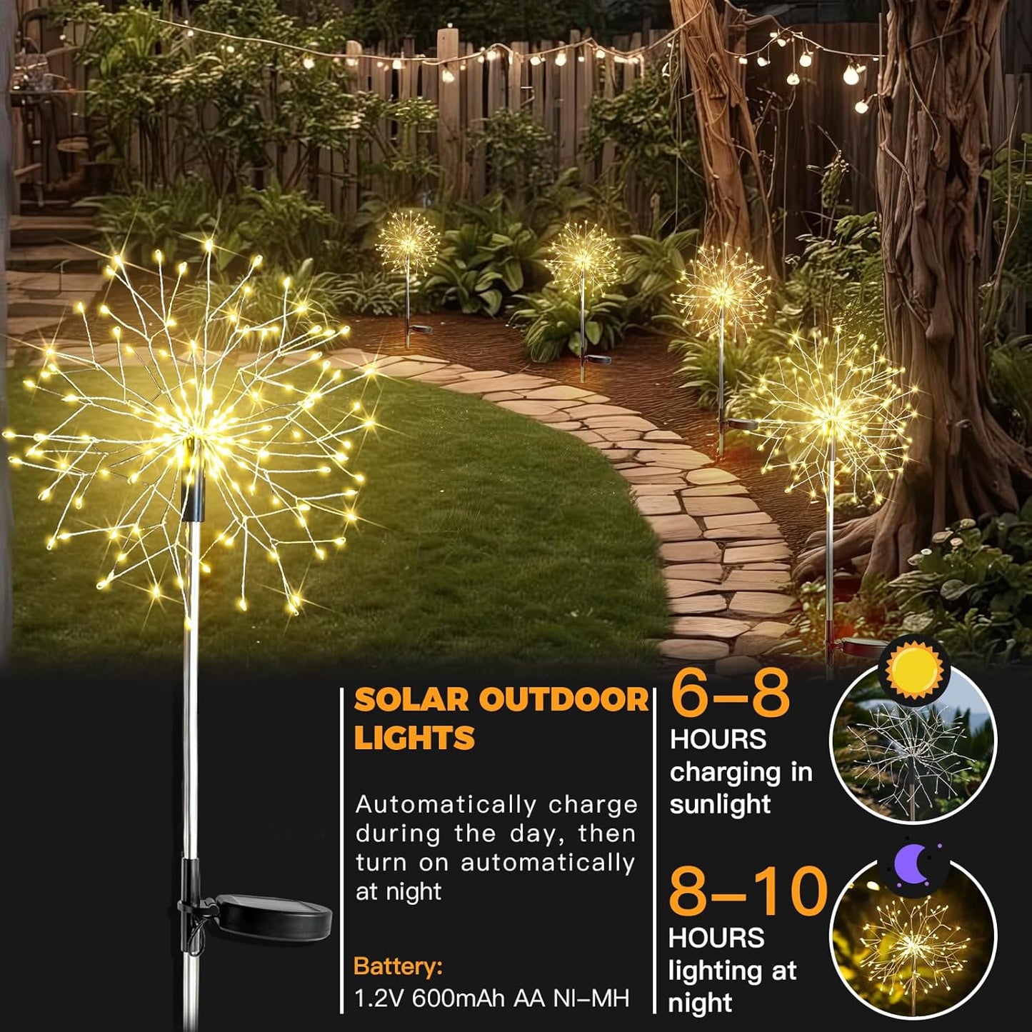 suddus Solar Garden Lights Outdoor Waterproof Decorative, 2Pack 150LED Firework Lights, Solar Fairy Lights for Yard, Garden, Party, Patio, Pathway, Flowerbed - Warm White