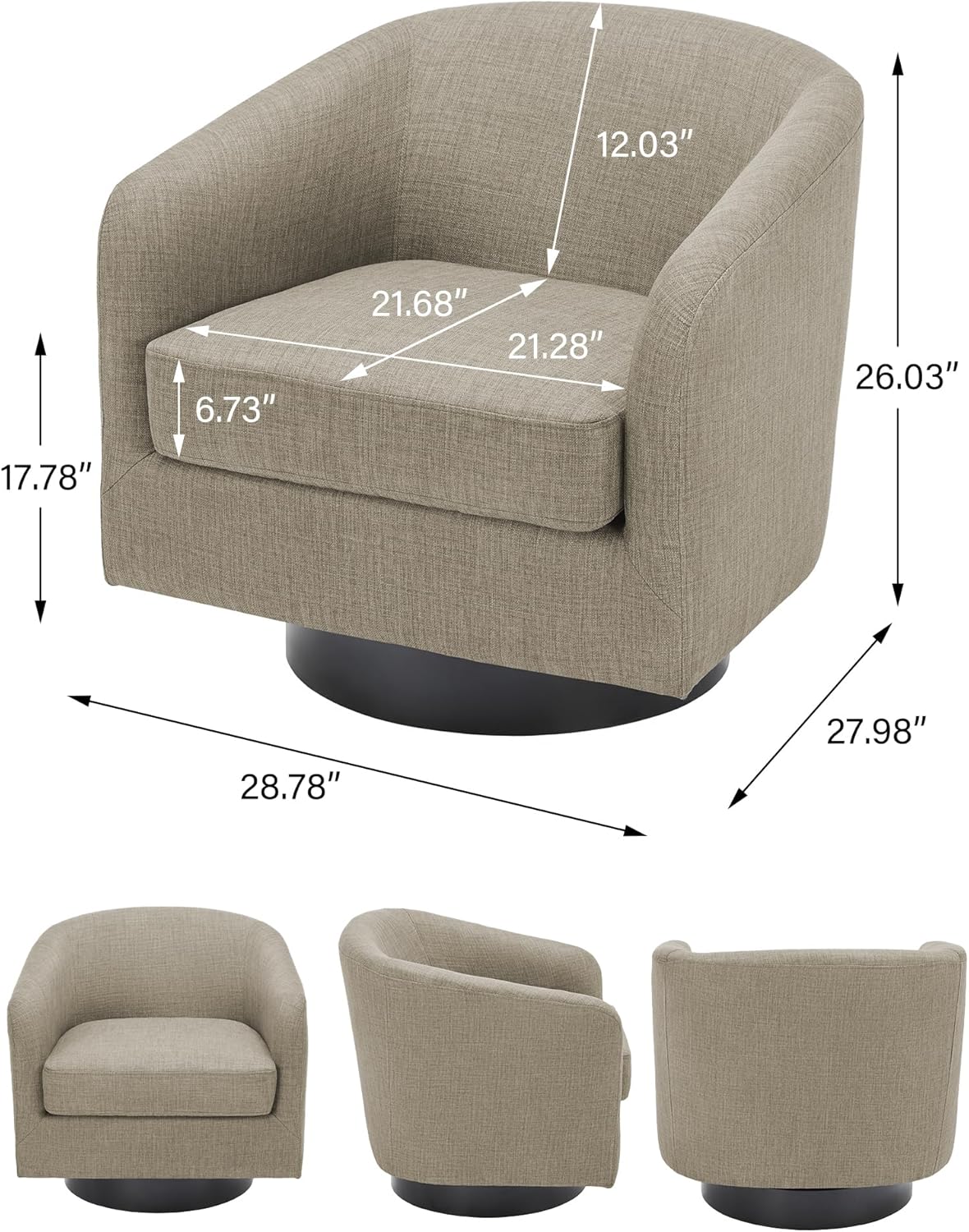 Swivel Barrel Accent Chair, Modern Round Linen Arm Chair for Living Room, Bedroom, Comfy Club Reading Chairs for Adults-Linen Fabric Light Brown, 1SEAT