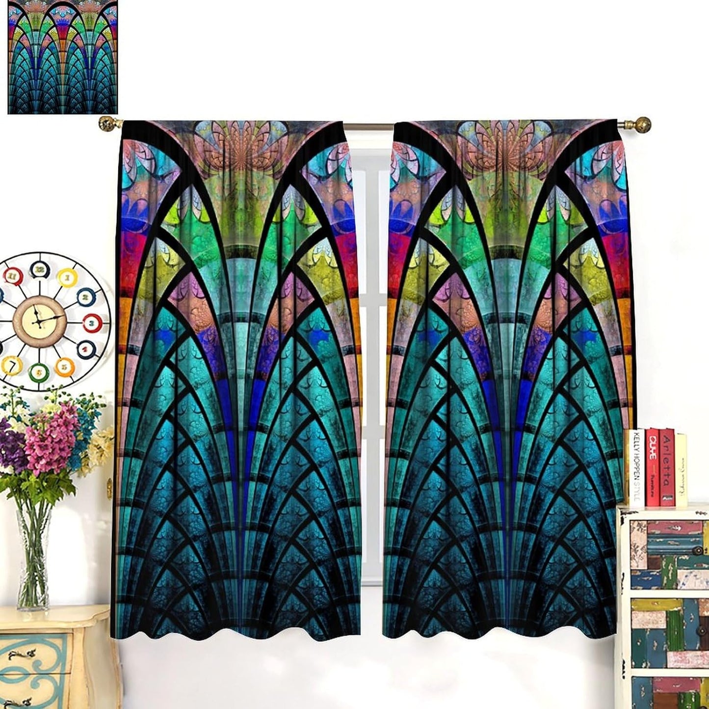 Stained Glass Curtains,Retro Design Style Colorful Abstract Art Home Decor Drapes for Bedroom Living Room Kitchen Window Treatment 2 Panels Set Total Size 42" W X 54" L Inch