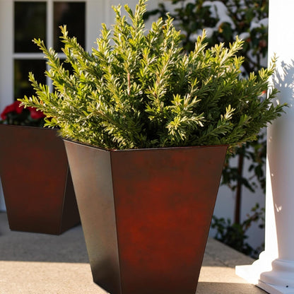 Worth Garden Large Metal Glazed Floor Planter Set of 2-14" Dia x 18" H - Luxurious Glossy Finish Red Tall Square Tapered Steel Plant Pots, Decor Flower Pot Indoor & Outdoor, Drainage Hole