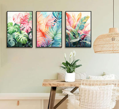 3pcs Tropical Botanical Canvas Wall Art Monstera Leaves Posters Botanical Prints Bohemian style Wall Decor Pictures Palm Leaves Paintings for Bathroom living room Decoration Unframed