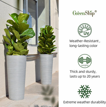 GreenShip 27" Tall Planters, Set of 2 – Black Outdoor Planter for Front Porch & Tall Plants, Weather-Resistant, with Drainage Hole & Rubber Plug (No Plants Included) (Light Gray)