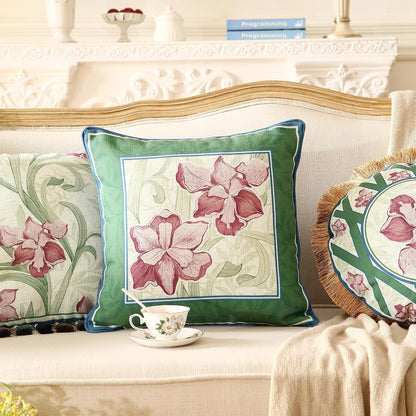 patdrea Designer Throw Pillow Covers Set of 4,French Elegant Green Linen with Iris Floral Collection Pattern Pillow Covers,Decorative Lumbar Square Round Pillowcases Cushion for Bed Living Room
