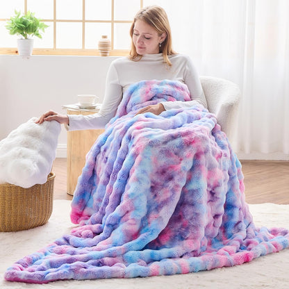 NEWCOSPLAY Faux Fur Throw Blanket Purple Rainbow Luxury Fluffy Thick Warm Bubble Blanket for Couch Sofa Bed 700GSM (Purple Rainbow, Throw(50"x60"))