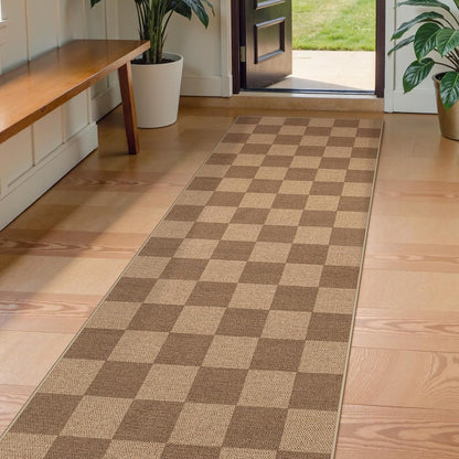 Lahome Checkered Easy Jute Kitchen Runner, 2x8 Washable Indoor Outdoor Runner Rug, Checkerboard Non Slip Non Shedding Neutral Carpet for Hallway Entryway Foyer