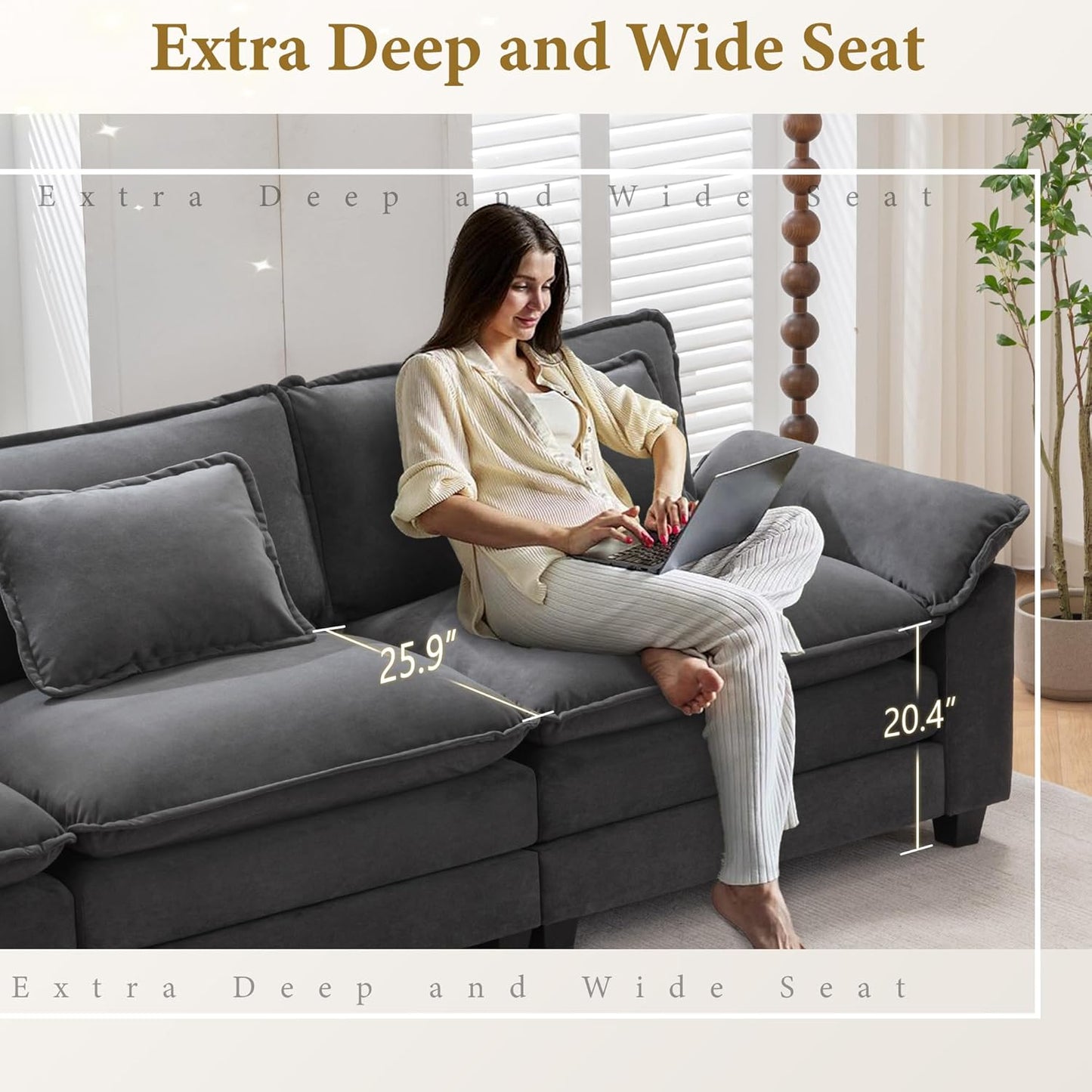 URRED Modular Sectional Sofa Comfy Cloud Couch, Modern Velvet Sofa Sleeper Deep Seat Couches with Ottoman/Pillows for Living Room (Dark Gray, 53'')