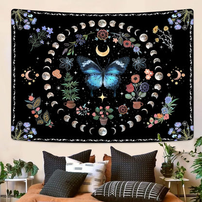 Fowocu Blue Butterfly Moon Flower Tapestry Boho Floral Plant Tapestries for Bedroom Aesthetic Nature Tapastry's Wall Hanging Mandala Botanical Wall Tapestry for Living Room Dorm (Blue, 48'' × 36'')