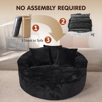 ovios 58" Oversized Round Chair Lounge Chaise Indoor, No Assembly Required, Cloud Large Circle Chair with Plush Fuax Fur, Fluffy Modern Sleeper Sofa Bed for Reading Yoga, Black (Plush Corduroy Fabric)